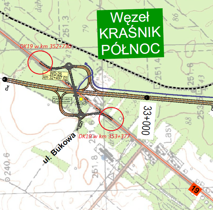 Obszar objęty TOR – budowa włączeń łącznic w. Kraśnik Północ, ruch po czasowych objazdach.